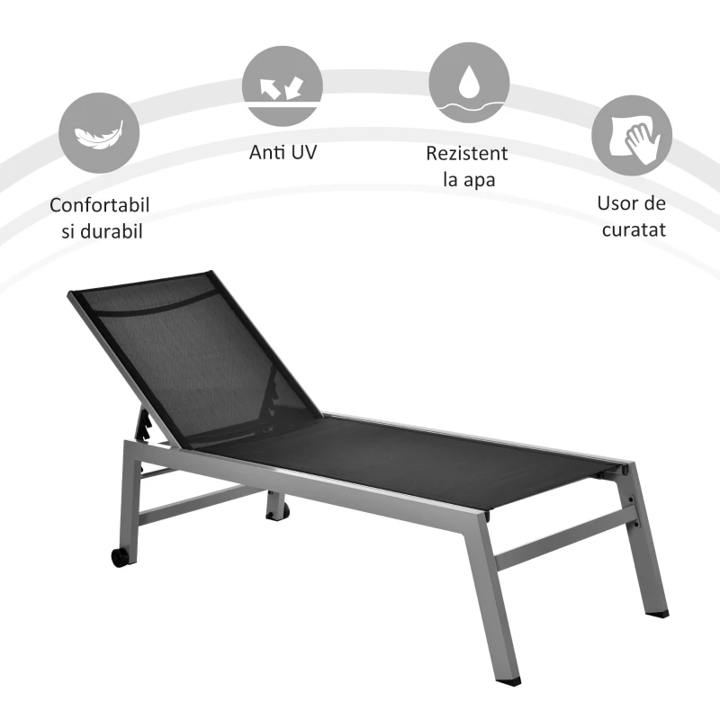 Sezlong Outsunny Pat de Plaja pliabil cu bureta in textilene Negru si Argintiu
