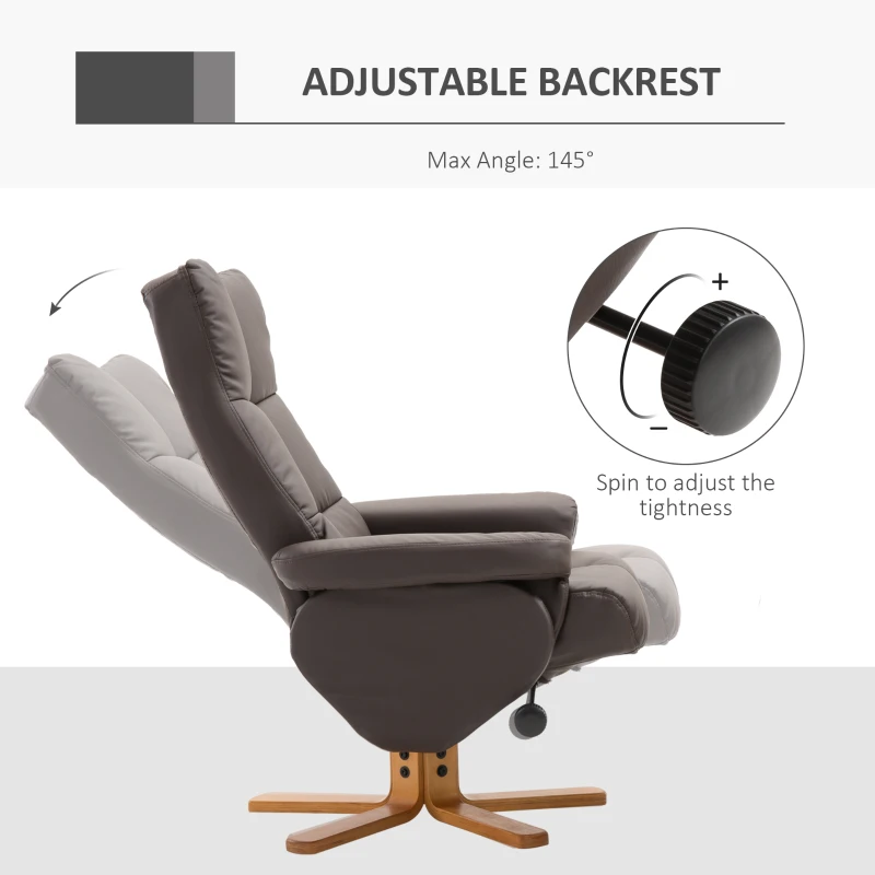 HOMCOM Recliner Armchair, Swivel Reclining Chair With Ottoman, Swivel Faux Leather Chair with Wooden Base and Storage Footstool for Living Room, Brown(m-4)
