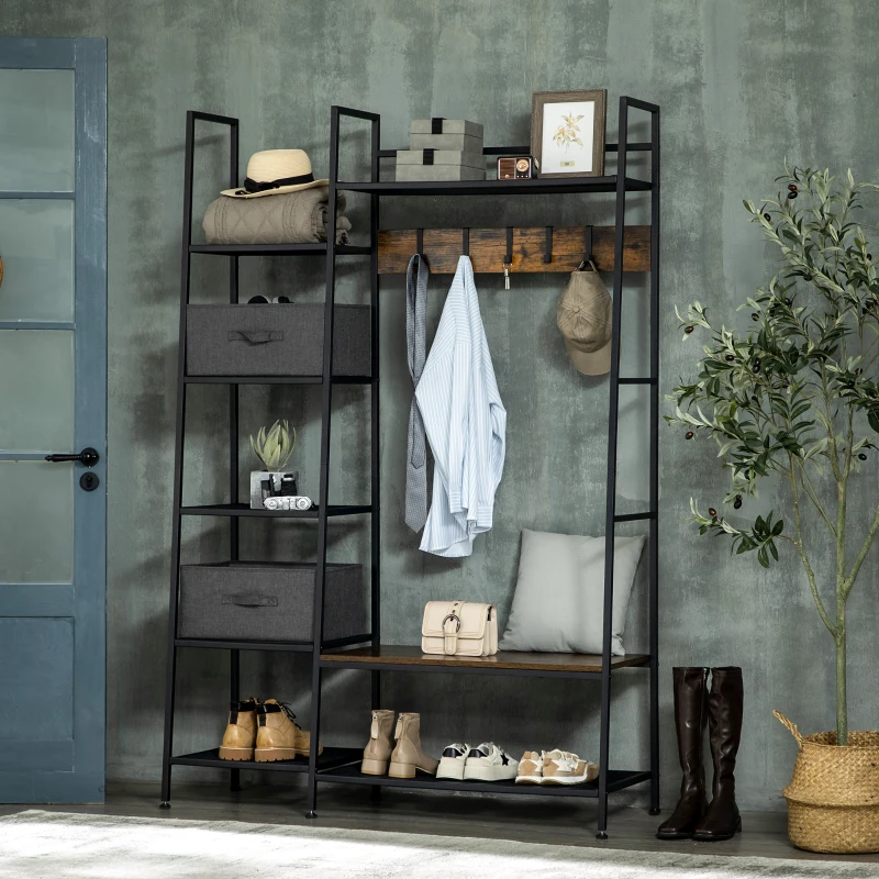 HOMCOM Industrial-Style Hall Tree, 8 Shelves, 5 Coat Hooks, 1 Shoe Bench, 2 Drawers, Gray + Brown