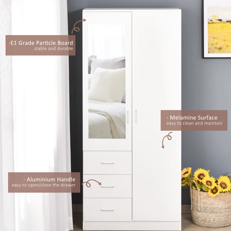 HOMCOM 2-Door Wardrobe w/ Adjustable Shelf 3 Drawers Mirror Home Storage, 180cm, White