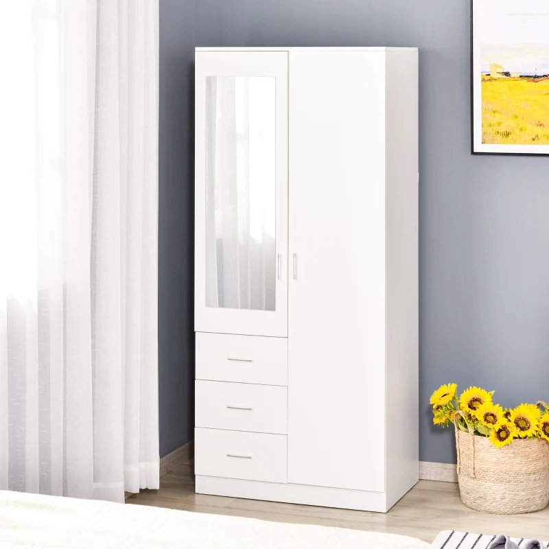 HOMCOM 2-Door Wardrobe w/ Adjustable Shelf 3 Drawers Mirror Home Storage, 180cm, White