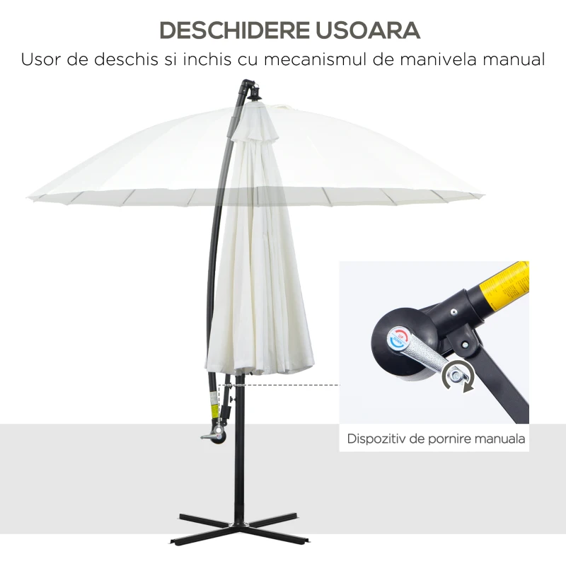 Outsunny Umbrela Suspendata cu Brat lateral Φ296cm pentru exterior, Alb Crem