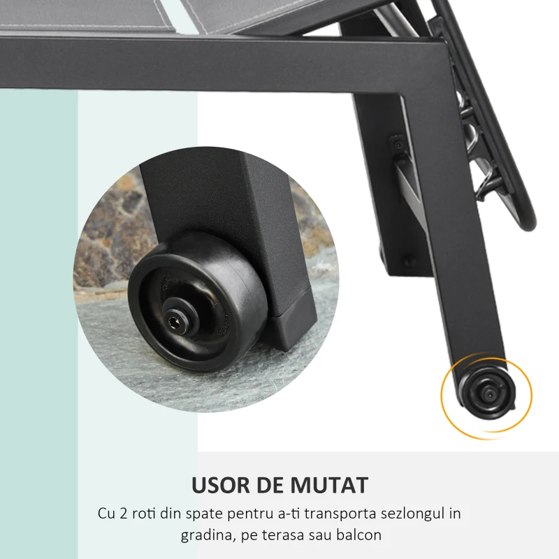 Outsunny Sezlong din Aluminiu si Textilen cu Spatar Reglabil si Roti Negru si Gri