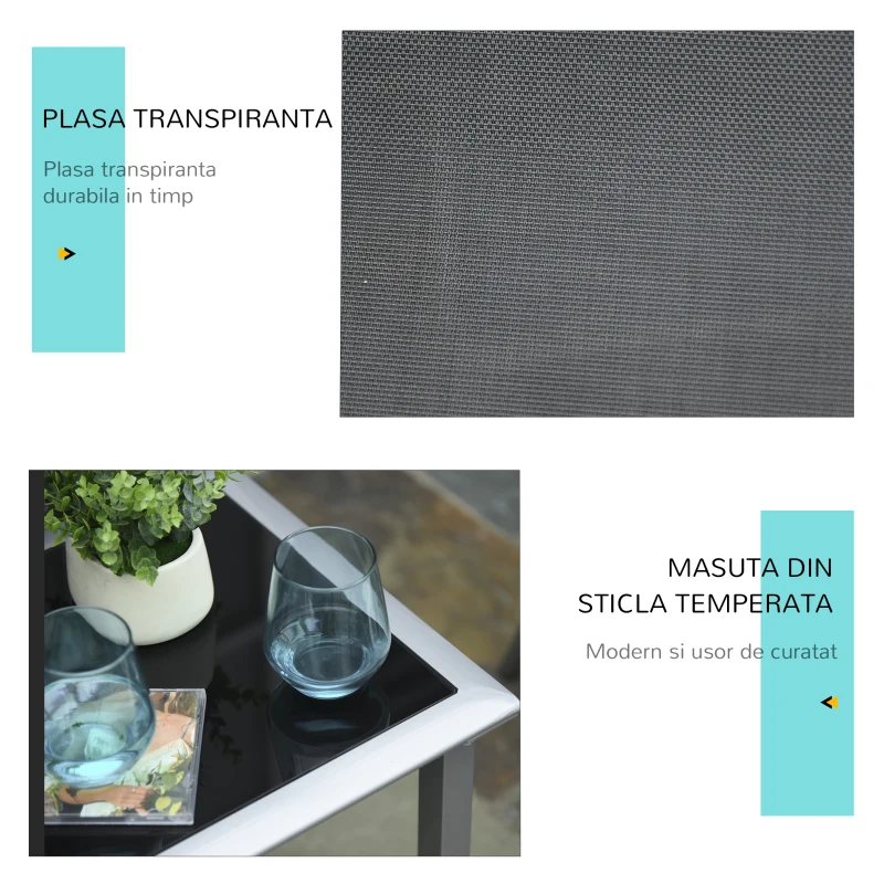 Outsunny Set 2 Sezlonguri de Gradina si 1 Masuta cu Raft din Sticla Negru