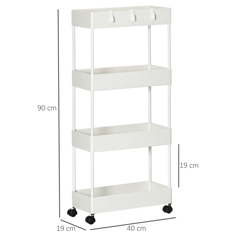 HOMCOM Kitchen Trolley with 4 Shelves, 4 Flexible Hooks, 4 Wheels, 40 cm x 19 cm x 90 cm, Niche Trolley, White