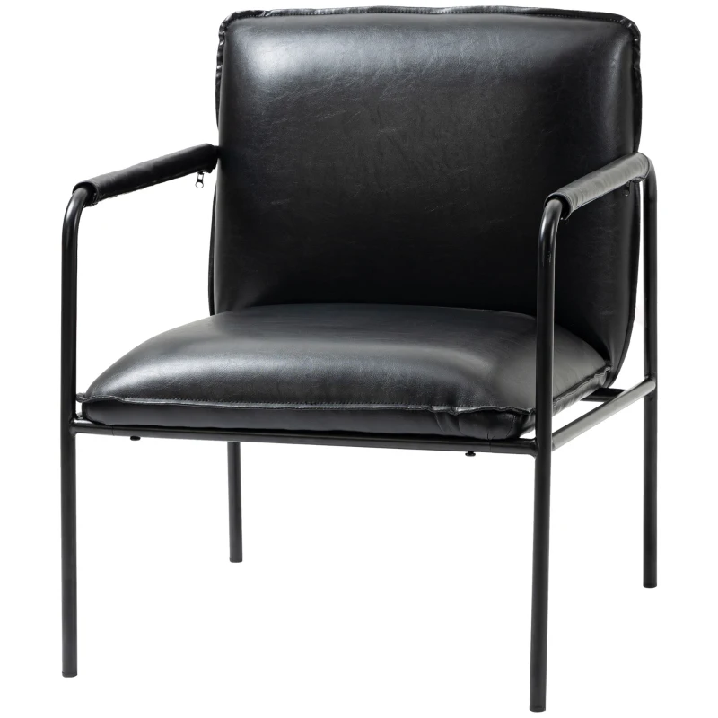 HOMCOM Scaun industrial cu perna, fotoliu din piele artificiala pentru dormitor, scaun de living cu brate infasurate si picioare din otel, negru