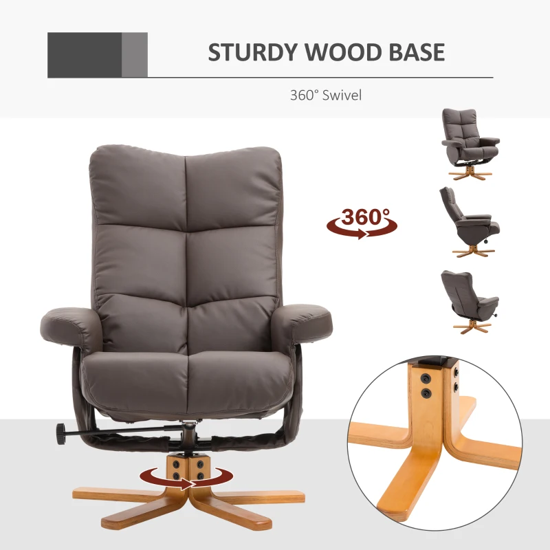 HOMCOM Recliner Armchair, Swivel Reclining Chair With Ottoman, Swivel Faux Leather Chair with Wooden Base and Storage Footstool for Living Room, Brown(m-7)