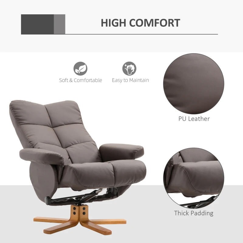 HOMCOM Recliner Armchair, Swivel Reclining Chair With Ottoman, Swivel Faux Leather Chair with Wooden Base and Storage Footstool for Living Room, Brown(m-6)