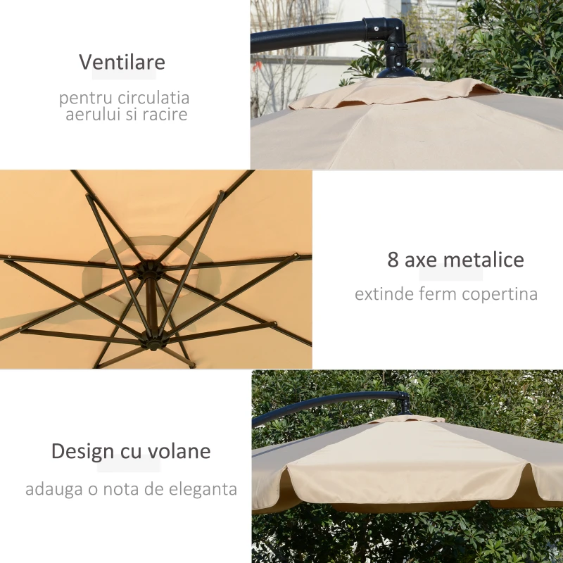 Outsunny Umbrela de Soare pentru Gradina cu Brat Parasolar din Metal, Regllabil , Φ265x265cm, Maro Deschis