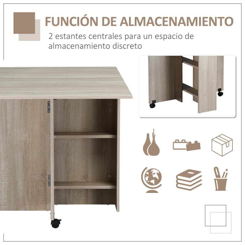 HOMCOM Mesa Plegable con 2 Alas Abatibles de Madera 2 Estantes y Ruedas para Cocina Comedor 80x140x74 cm Madera Natural