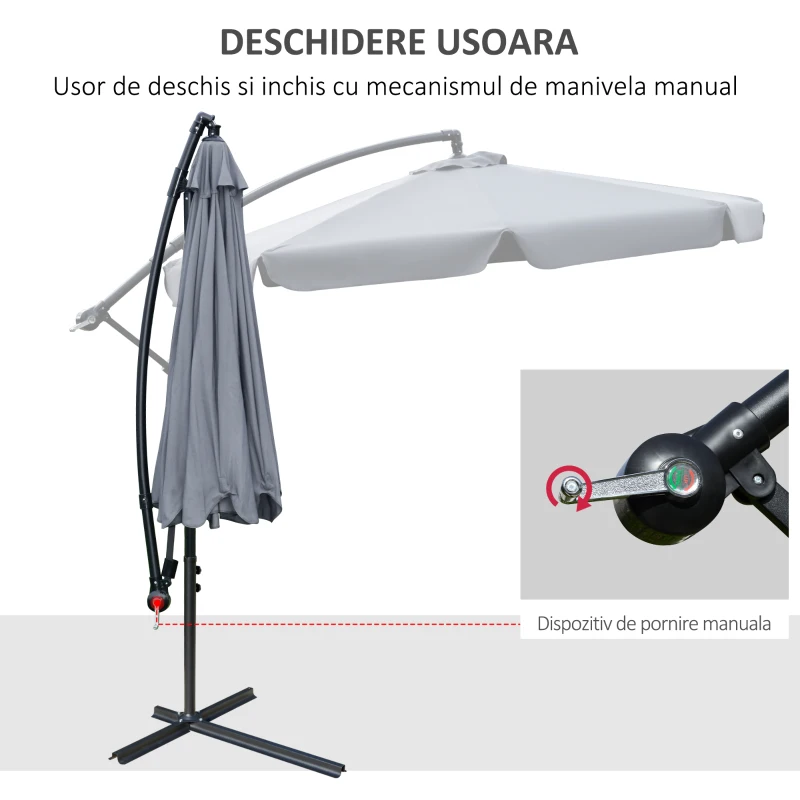 Outsunny Umbrela de Soare pentru Gradina cu Brat  Parasolar din Metal, Baldachin din Poliester Reglabil si Deschidere cu Manivela, Φ265x265cm, Gri