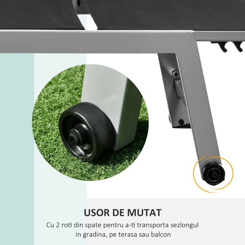Sezlong Outsunny Pat de Plaja pliabil cu bureta in textilene Negru si Argintiu