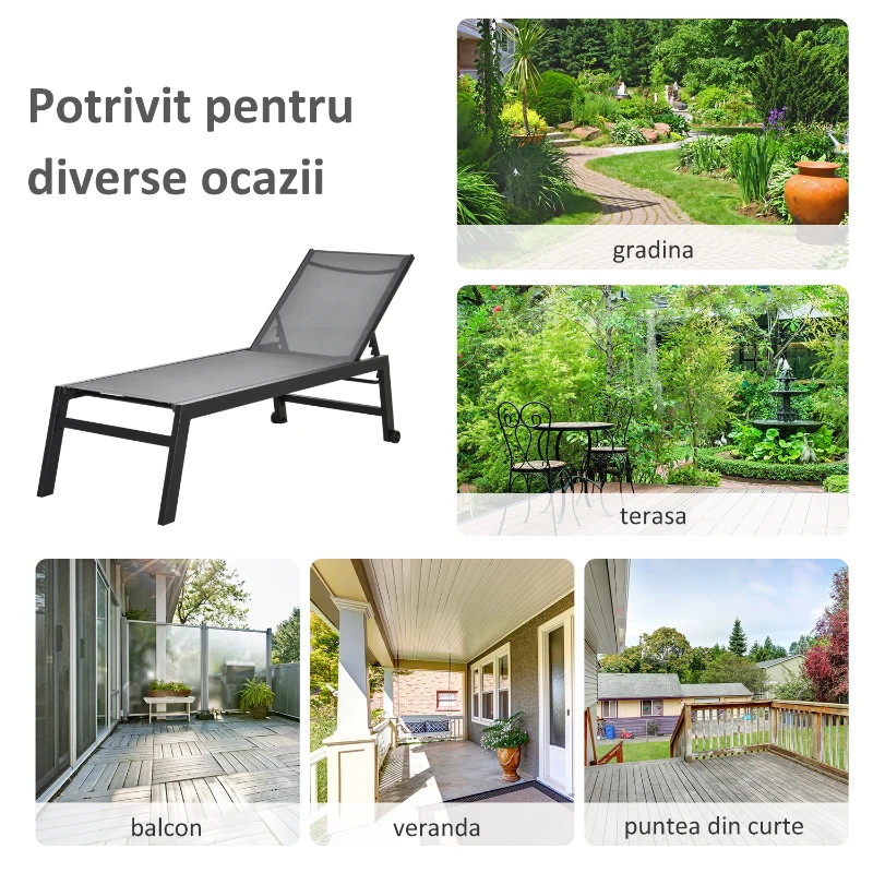 Outsunny Sezlong din Aluminiu si Textilen cu Spatar Reglabil si Roti Negru si Gri