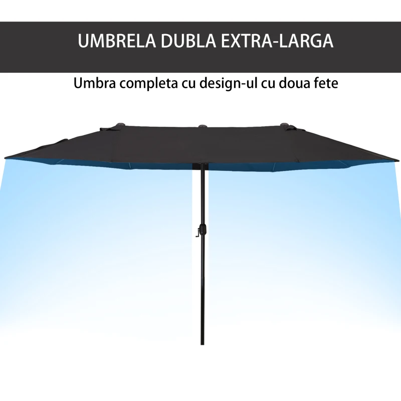 Outsunny Umbrela de Soare Dubla de Gradina cu Deschidere prevazuta cu Manivela, Otel si Poliester, 460x270x240cm, Negru