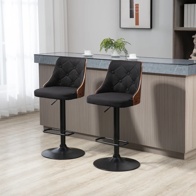 HOMCOM Set de 2 scaune de bar cu inaltime reglabila, scaune de bar pivotante cu inaltime reglabila, cu suport pentru picioare, scaune de bar din tesatura de in, negru(m-2)
