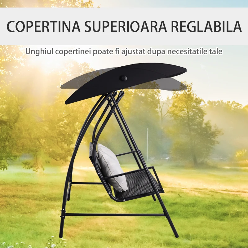 Outsunny Balansoar 3 Locuri din Ratan si Fier cu Perne si Paravan pentru soare, Negru