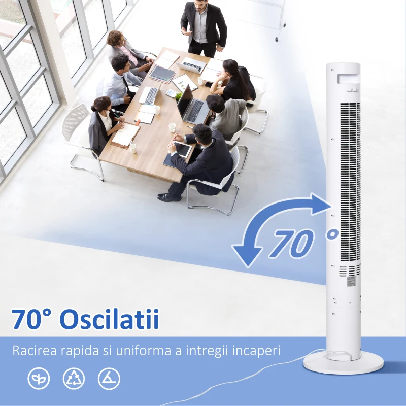 HOMCOM Ventilator Coloana cu 3 Viteze si 4 Moduri, Timer de12h, Panou LED si Telecomanda, Alb