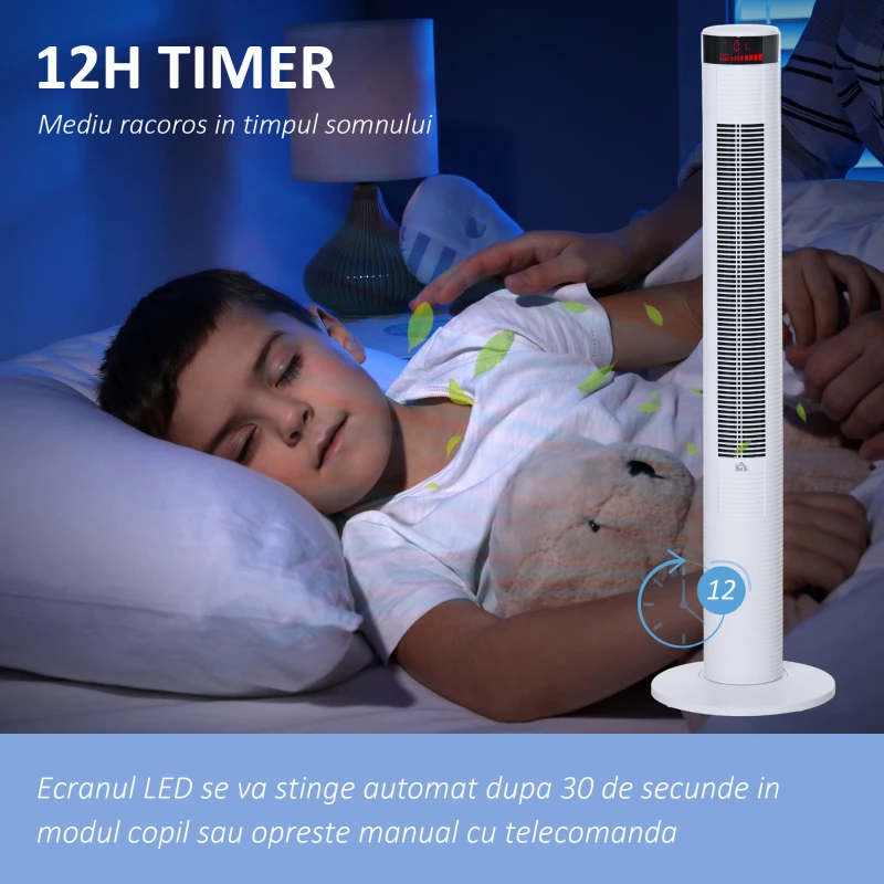 HOMCOM Ventilator Coloana cu 3 Viteze si 4 Moduri, Timer de12h, Panou LED si Telecomanda, Alb