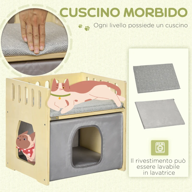 PawHut Casetta per Gatti a 2 Livelli con Cuscini Rimovibili e Guide di Sicurezza, 48x38x47 cm