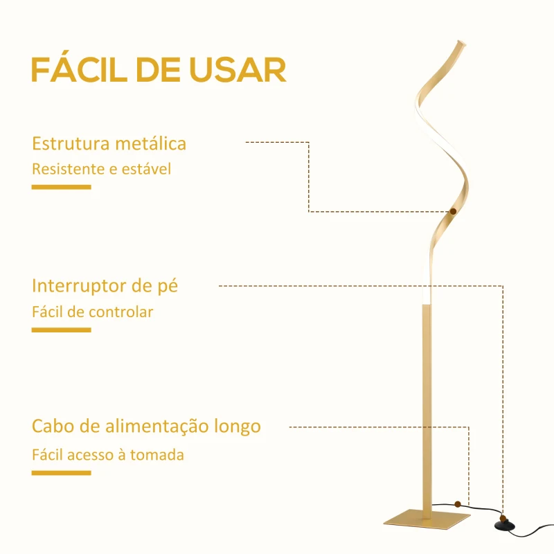 HOMCOM Candeeiro de Pé de Metal Candeeiro de Pé Moderno com Luzes LED Máx. 10W IP20 Interruptor de Pé 20,5x20,5x147cm Dourado