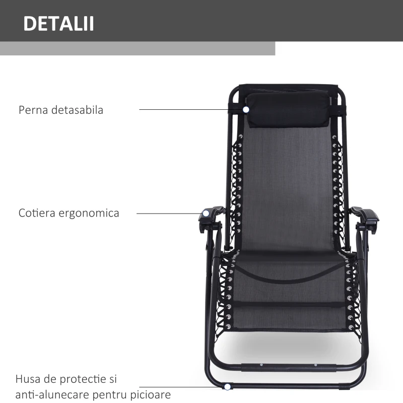 Outsunny Sezlong Scaun Pliabil din Textilen, Negru, 90x65x110cm