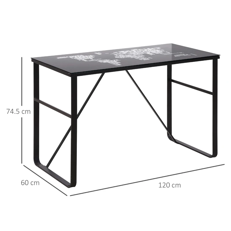 HOMCOM Computer Desk with World Map Printing Tempered Glass Top, Writing Desk for Home Office with Metal Frame, Black