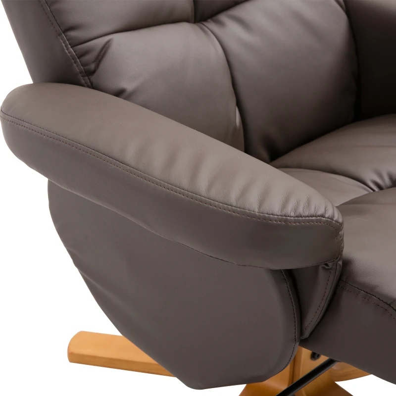 HOMCOM Recliner Armchair, Swivel Reclining Chair With Ottoman, Swivel Faux Leather Chair with Wooden Base and Storage Footstool for Living Room, Brown(m-9)