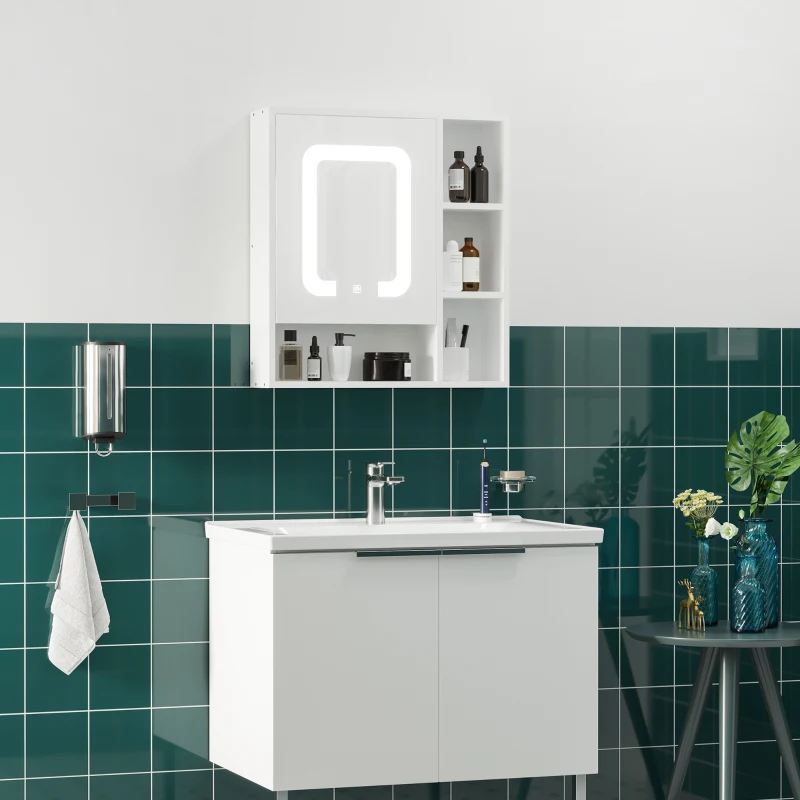 kleankin LED Illuminated Bathroom Mirror Cabinet, Wall-mounted Storage Organizer with Four Open Shelves, Dimmable Touch Switch, White