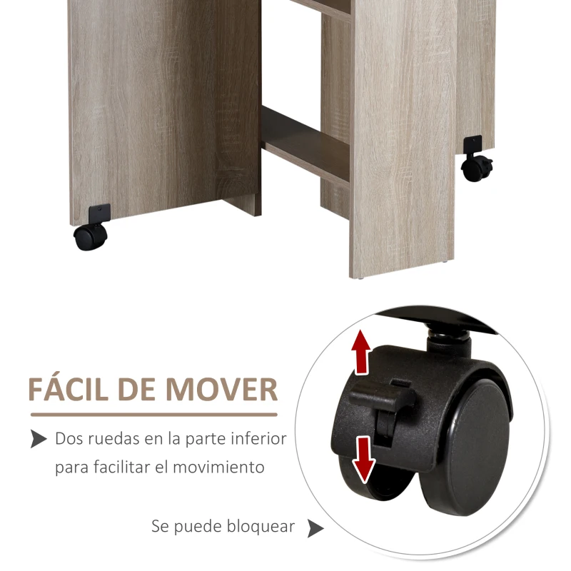 HOMCOM Mesa Plegable con 2 Alas Abatibles de Madera 2 Estantes y Ruedas para Cocina Comedor 80x140x74 cm Madera Natural