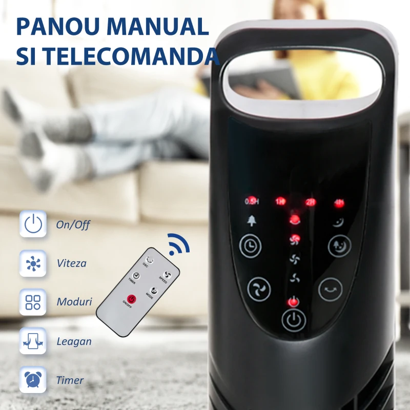 HOMCOM Ventilator Reglabil Oscilant cu 3 niveluri de viteza si Telecomanda de control de la distanta, Ф18x78.5cm Negru