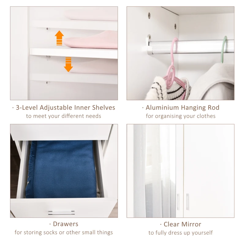 HOMCOM 2-Door Wardrobe w/ Adjustable Shelf 3 Drawers Mirror Home Storage, 180cm, White