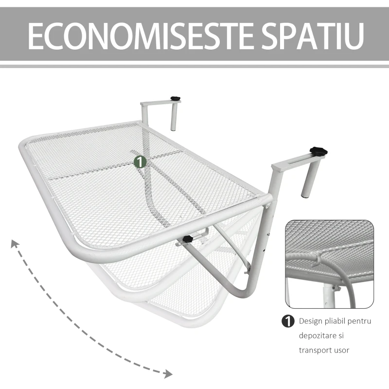 Outsunny Masă suspendată pentru balustradă, reglare pe 3 niveluri, dreptunghiulară, din metal, 60x40x40/45/50cm alb