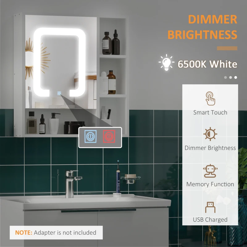 kleankin LED Illuminated Bathroom Mirror Cabinet, Wall-mounted Storage Organizer with Four Open Shelves, Dimmable Touch Switch, White