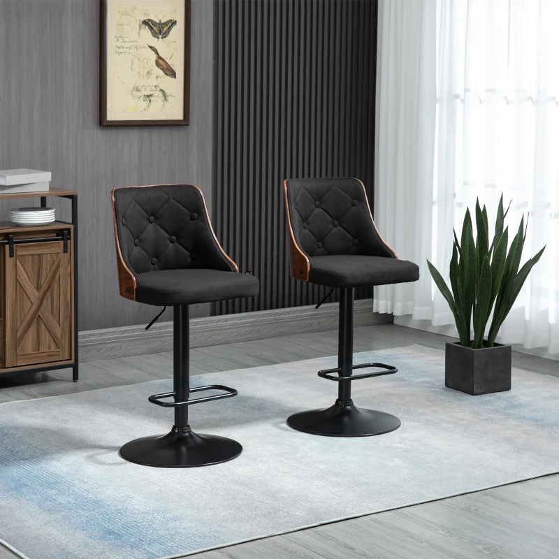 HOMCOM Set de 2 scaune de bar cu inaltime reglabila, scaune de bar pivotante cu inaltime reglabila, cu suport pentru picioare, scaune de bar din tesatura de in, negru(m-10)
