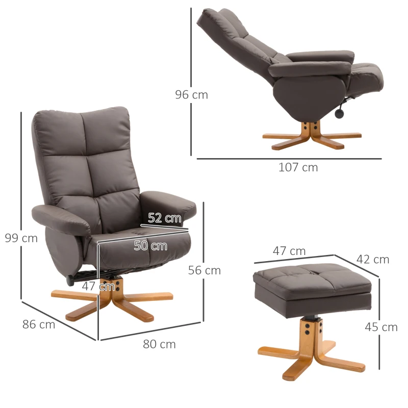 HOMCOM Recliner Armchair, Swivel Reclining Chair With Ottoman, Swivel Faux Leather Chair with Wooden Base and Storage Footstool for Living Room, Brown(m-3)