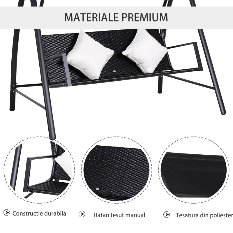 Outsunny Balansoar 3 Locuri din Ratan si Fier cu Perne si Paravan pentru soare, Negru