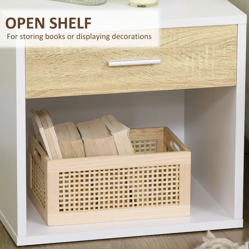 HOMCOM Set de 2 noptiere moderne, cu sertar si raft, masa laterala pentru camera de zi, dormitor, alb