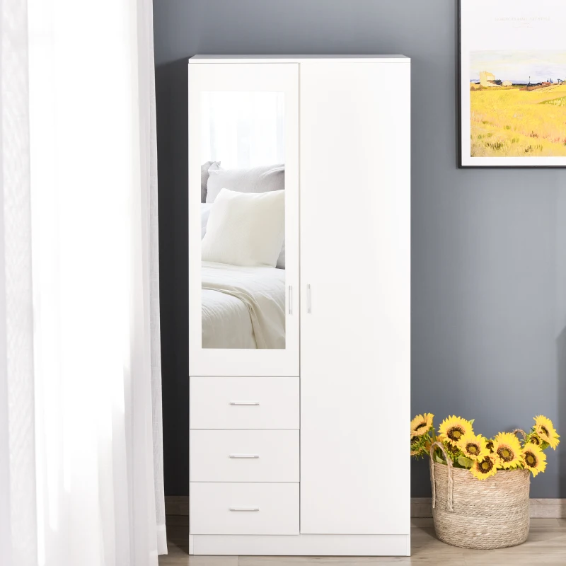 HOMCOM 2-Door Wardrobe w/ Adjustable Shelf 3 Drawers Mirror Home Storage, 180cm, White