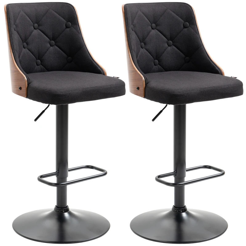HOMCOM Set de 2 scaune de bar cu inaltime reglabila, scaune de bar pivotante cu inaltime reglabila, cu suport pentru picioare, scaune de bar din tesatura de in, negru(m-11)