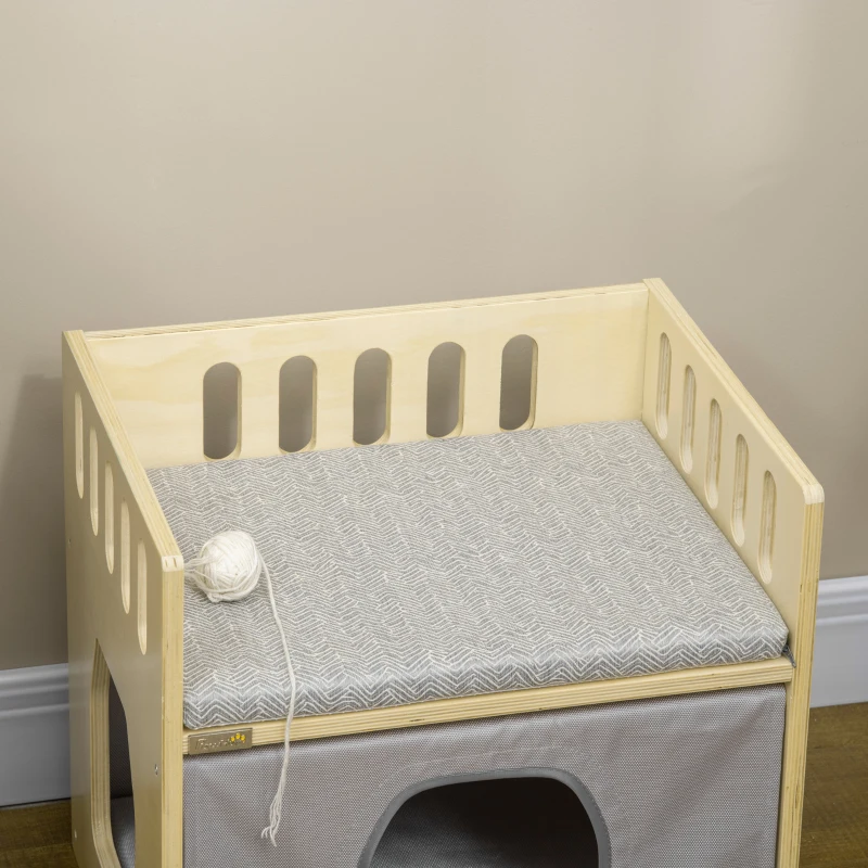PawHut Casetta per Gatti a 2 Livelli con Cuscini Rimovibili e Guide di Sicurezza, 48x38x47 cm