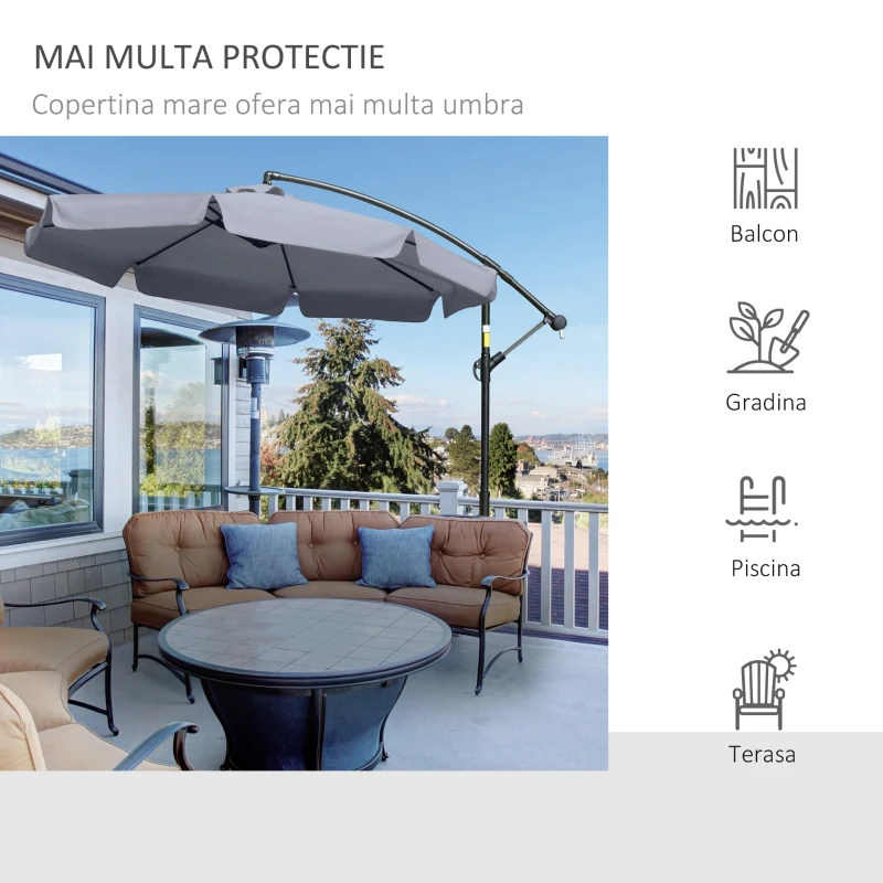 Outsunny Umbrela de Soare pentru Gradina cu Brat  Parasolar din Metal, Baldachin din Poliester Reglabil si Deschidere cu Manivela, Φ265x265cm, Gri