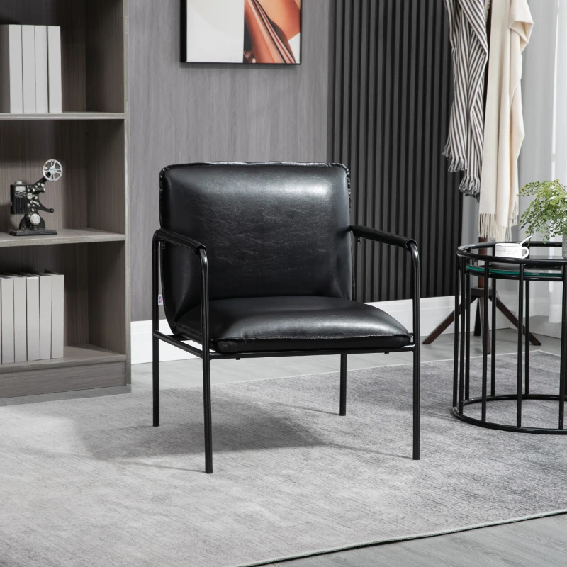HOMCOM Scaun industrial cu perna, fotoliu din piele artificiala pentru dormitor, scaun de living cu brate infasurate si picioare din otel, negru
