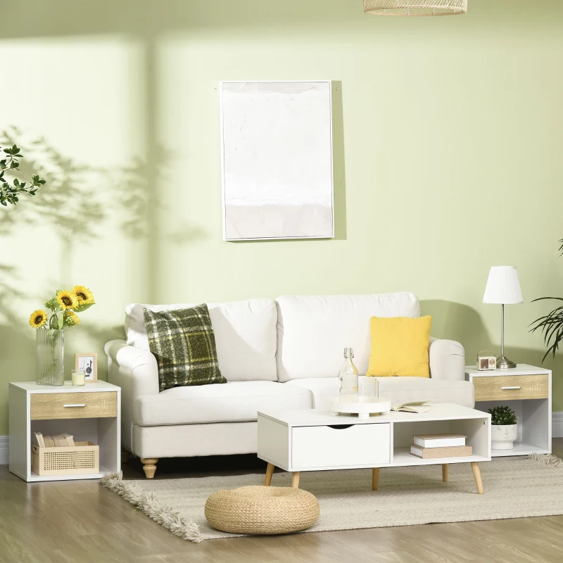 HOMCOM Set de 2 noptiere moderne, cu sertar si raft, masa laterala pentru camera de zi, dormitor, alb