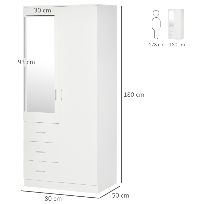 HOMCOM 2-Door Wardrobe w/ Adjustable Shelf 3 Drawers Mirror Home Storage, 180cm, White