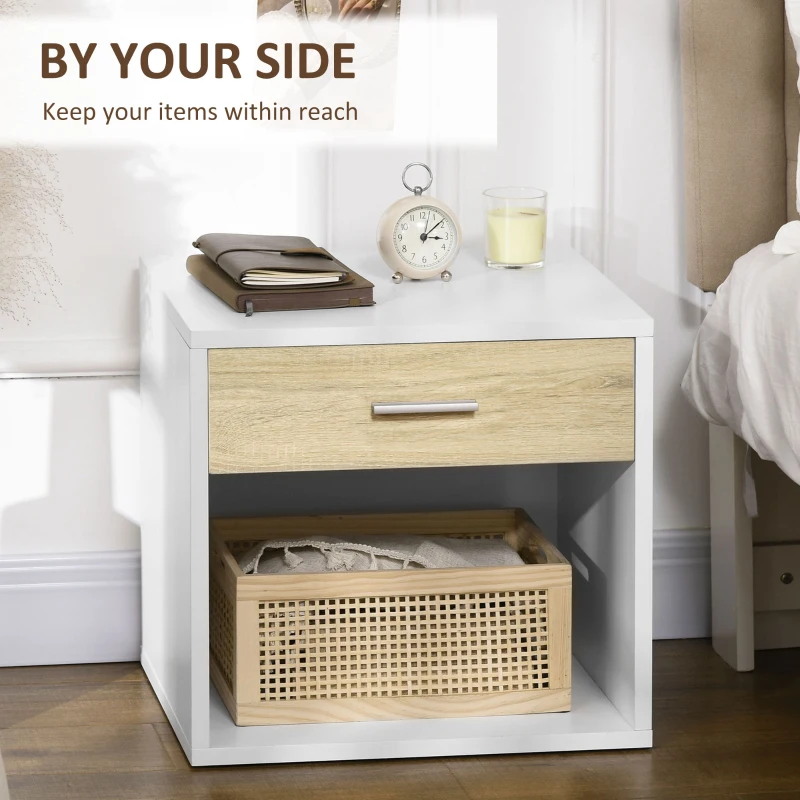 HOMCOM Set de 2 noptiere moderne, cu sertar si raft, masa laterala pentru camera de zi, dormitor, alb