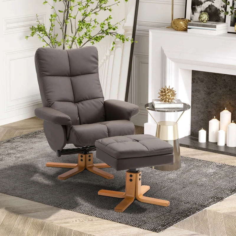 HOMCOM Recliner Armchair, Swivel Reclining Chair With Ottoman, Swivel Faux Leather Chair with Wooden Base and Storage Footstool for Living Room, Brown(m-13)