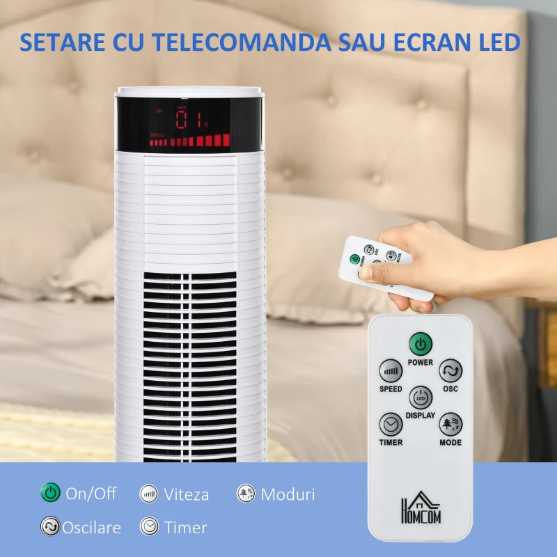HOMCOM Ventilator Coloana cu 3 Viteze si 4 Moduri, Timer de12h, Panou LED si Telecomanda, Alb