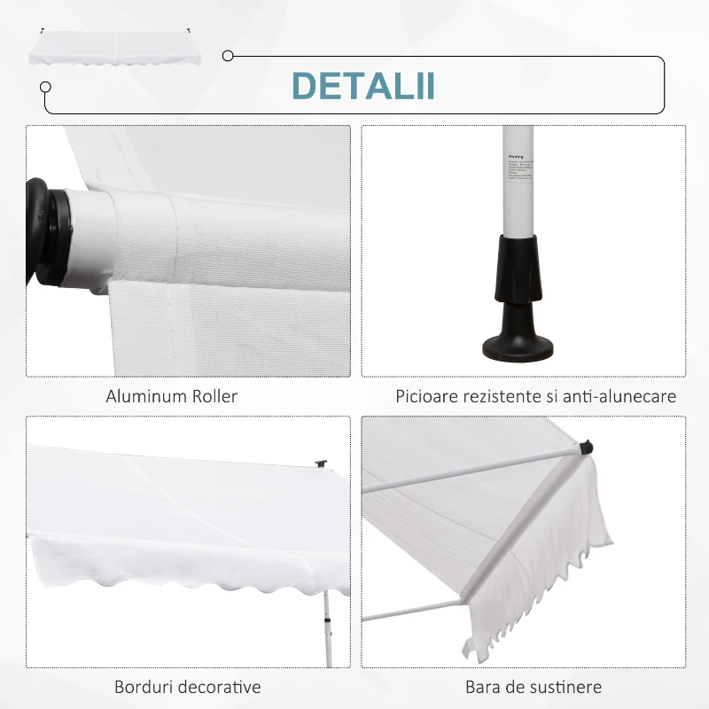 Outsunny Copertina de Perete cu Stalpi de Sprijin, Alba, 300x150 cm