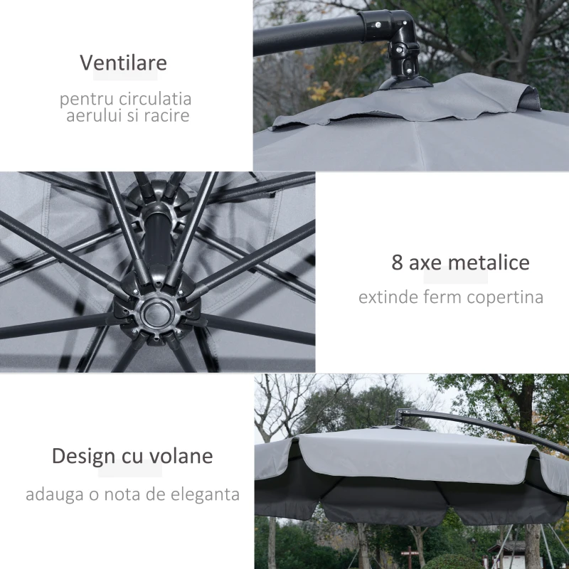Outsunny Umbrela de Soare pentru Gradina cu Brat  Parasolar din Metal, Baldachin din Poliester Reglabil si Deschidere cu Manivela, Φ265x265cm, Gri