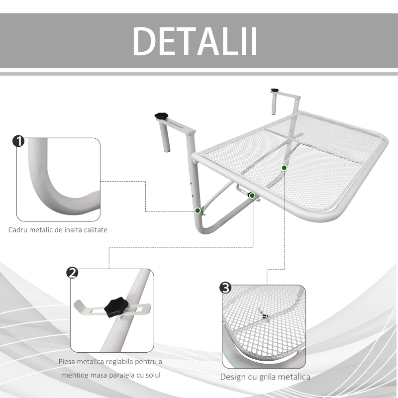Outsunny Masă suspendată pentru balustradă, reglare pe 3 niveluri, dreptunghiulară, din metal, 60x40x40/45/50cm alb